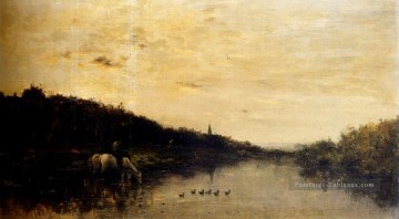  chevaux Peintre - Chevaux Au Bord De L’Oise Barbizon Impressionisme Paysage Charles François Daubigny